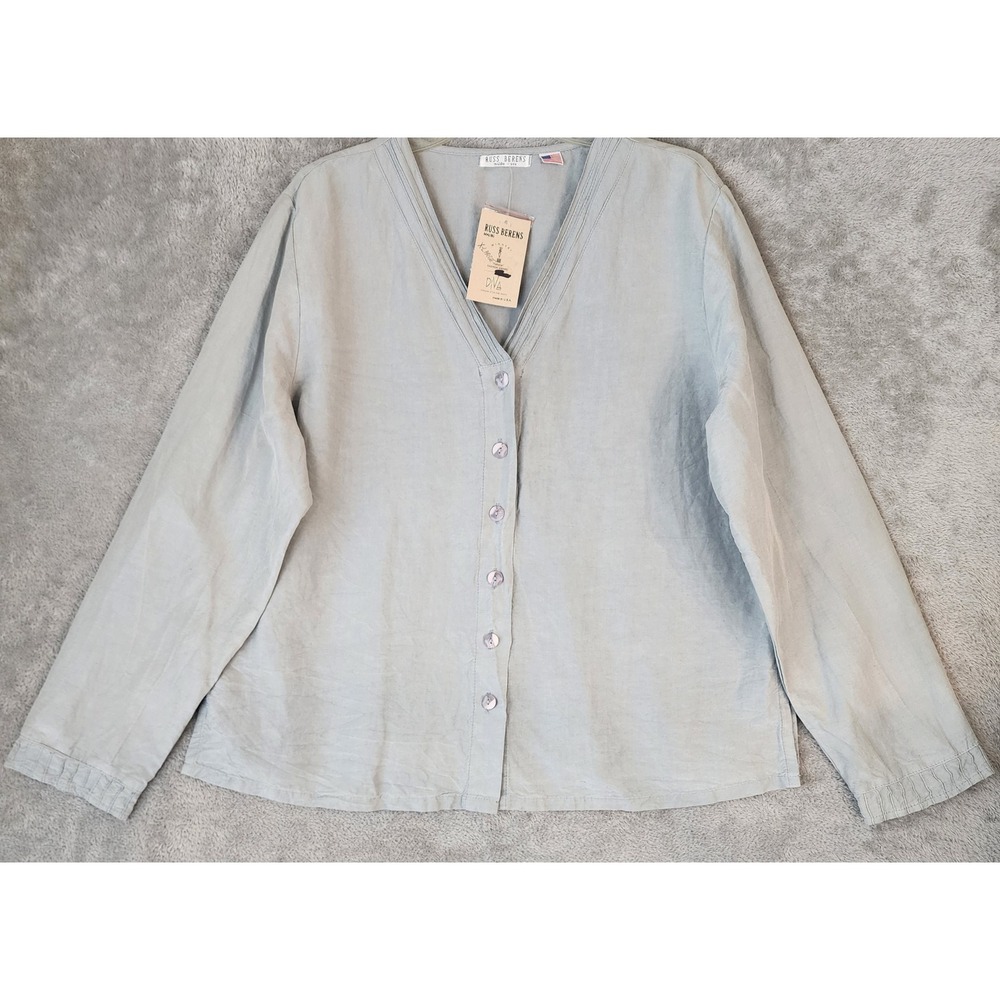 Russ Berens Malibu Shirt Womens XL Light Blue 100% Linen Pintuck V-Neck USA
